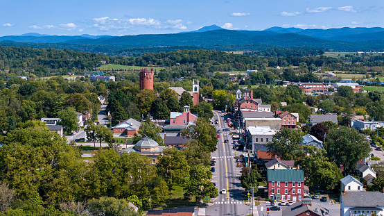 Aerial view of Vergennes, the smallest city in Vermont.