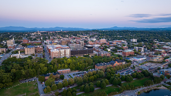 Aerial view of downtown district in Burlington, Vermont at sunset.