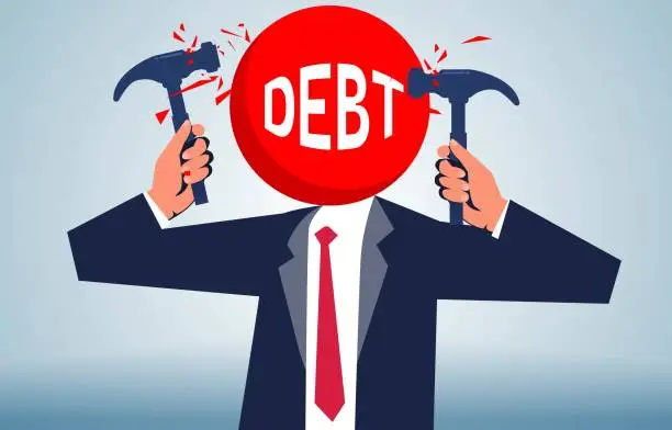 Vector illustration of Paying off debt, defeating taxes, and getting rid of financial burdens or debt pressures, businessmen take a hammer and try to crush the head of debt