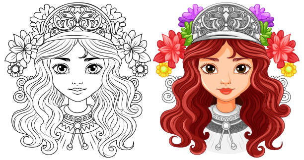 Beautiful woman wearing flower crown Beautiful woman wearing flower crown illustration clip art of a princess crown wallpaper stock illustrations