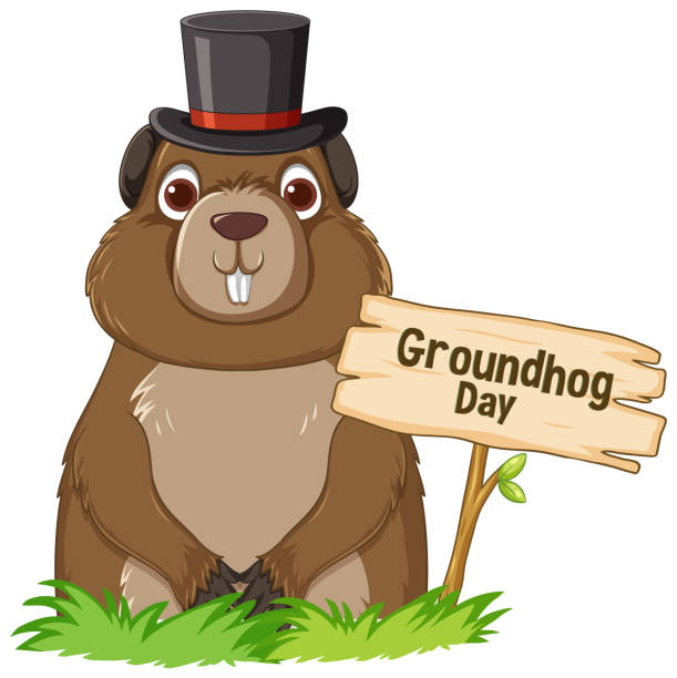 Adorável Groundhog Cartoon Celebrando o Dia da Marmota - ilustração de arte em vetor