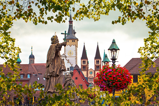 Scenic towers and landmarks in the Old Town of Wurzburg view, Bavaria region of Germany