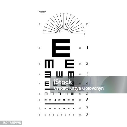 istock E chart Eye Test Chart tumbling and astigmatism test grid medical illustration. Line vector sketch outline isolated 1694765998