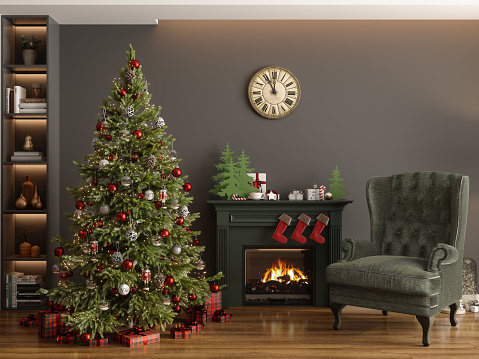 Modern Living Room Interior With Christmas Tree, Ornaments, Gift Boxes, Fireplace And Armchair