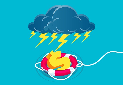 Dollar Crisis, Economic and Financial Crisis, Financial or Investment Risks, Setbacks or Thunderstorms in Business and Finance, Throwing a Life Preserver to Save the Dollar in a Thunderstorm