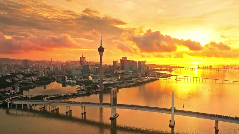 Aerial photography of Macau city skyline in the morning. Creative video with ads and trademarks removed