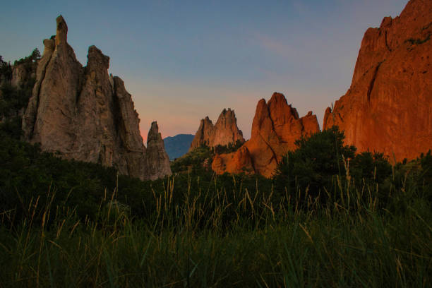 Various rock formations protrude from the landscape at Garden of the Gods in Colorado Springs on a cool August morning.