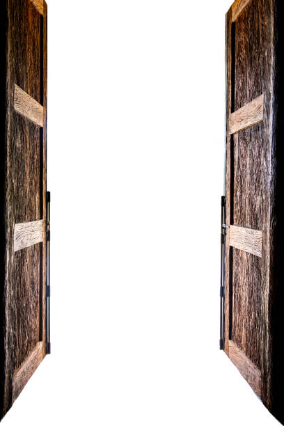 istock Old wooden large door open on a white background 1694828687