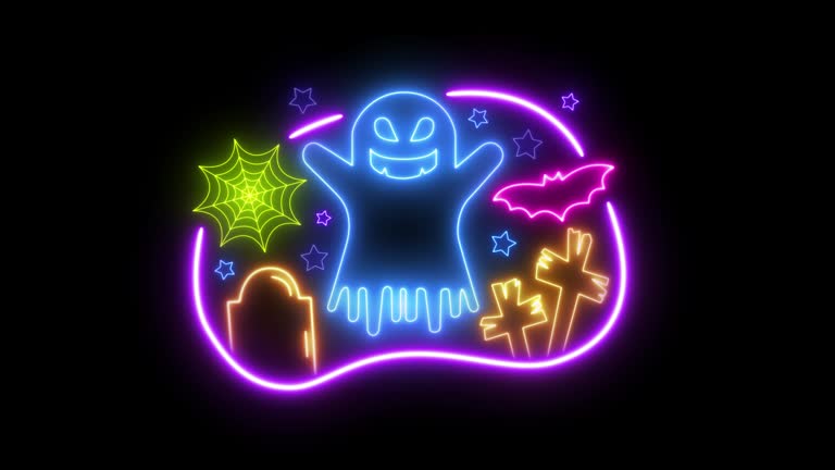 Glowing neon line of happy halloween party banner design isolated on transparent background. Trick or Treat. Bright signboard. Holiday concepts. 4K video motion graphic animation. Seamless Loop.