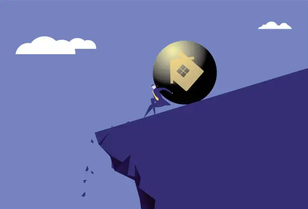 Vector illustration of The business man worked hard to support the mortgage loan and prevent the iron ball from falling off the cliff.