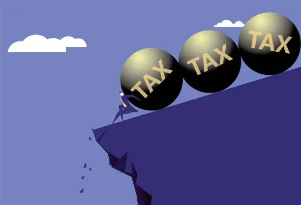 Vector illustration of the business man worked hard to support the tax and prevent the tax ball from falling off the cliff.