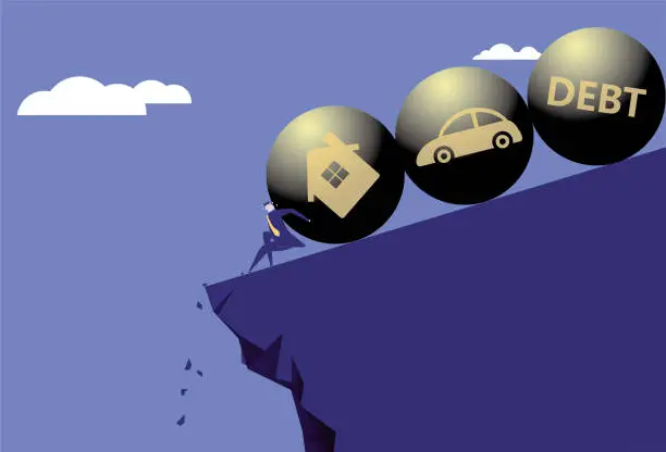 Vector illustration of Business man trying hard not to let the iron ball of mortgage, car loan and debt fall off the cliff