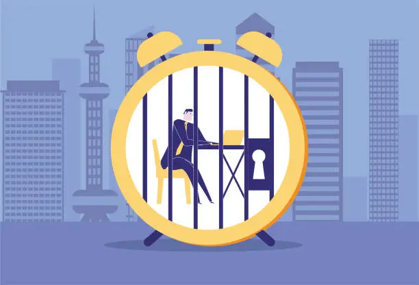 Vector illustration of Business man working while locked in time