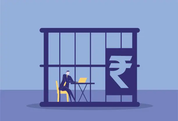 Vector illustration of white-collar workers who are locked up in the cage of Indian currency, slaves of money.