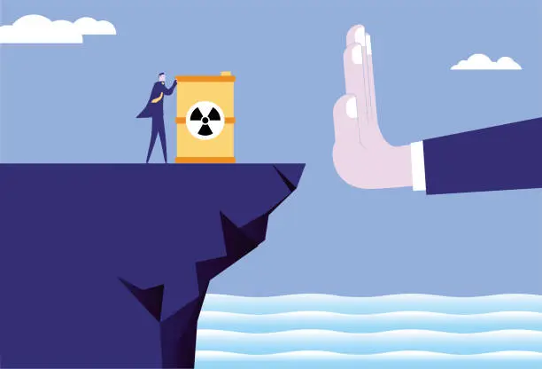 Vector illustration of It is prohibited to push nuclear wastewater into the sea to pollute the environment