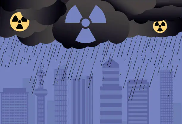 Vector illustration of Nuclear radiation rainwater pollutes the city