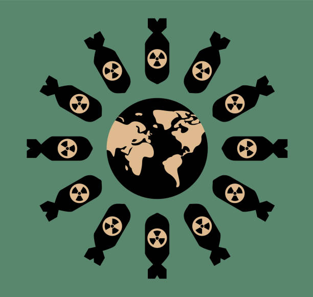 illustrazioni stock, clip art, cartoni animati e icone di tendenza di bombe nucleari circondano la terra, contro la guerra, manifesti per la pace - war globe symbols of peace weapon