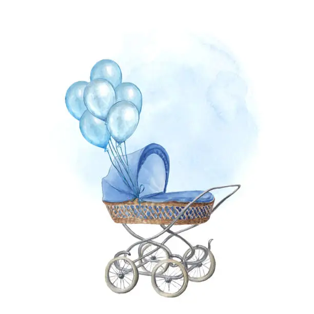 Vector illustration of Watercolor baby stroller with balloons
