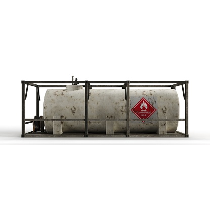 A 3D rendered propane tank is safely stored in a protective metal cage