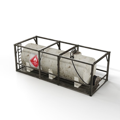 A 3D rendered propane tank is safely stored in a protective metal cage