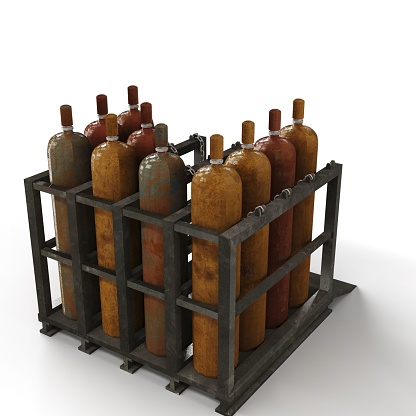 A 3D rendering of metallic container bottles on a white background