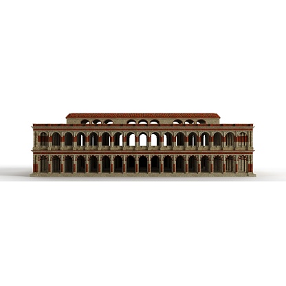 A 3D rendering of a building with columns on a white background