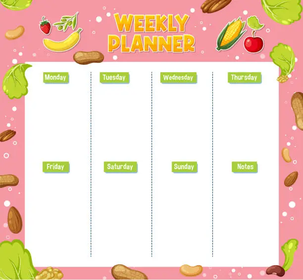 Vector illustration of Children's Weekly Meal Planner with Food Theme