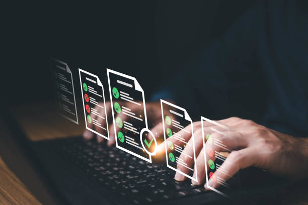 istock Business performance checklist, businessman using laptop doing online checklist survey, Check marks online form or answering questions. Online survey filling out, digital form checklist. 1694898279