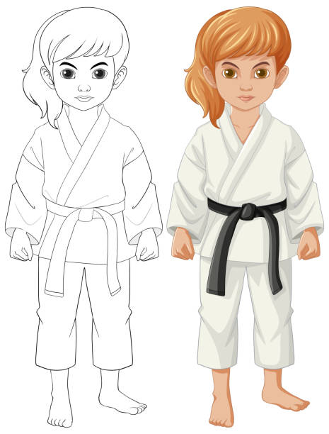 ilustrações, clipart, desenhos animados e ícones de menina vestindo roupa de esporte de judô - martial arts child judo computer graphic