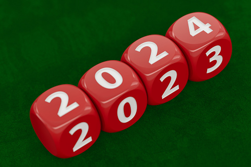 2023 Dice Turns to 2024 New Year Concept. 2024 New Year Concept. 3D Render