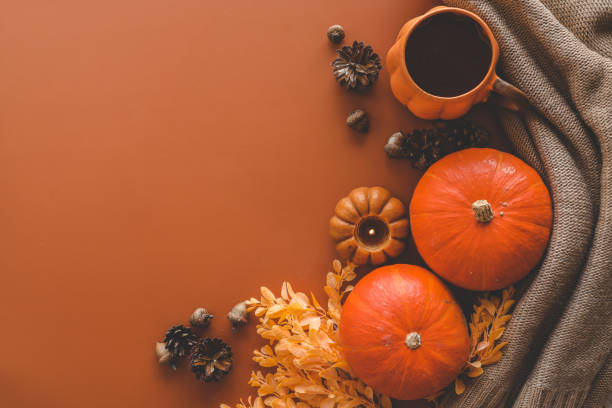 istock Autumn background top view, pumpkin and leaves on orange background 1694924373