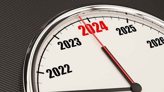2024 New Year Clock . 2024 New Year Concept. 3D Render
