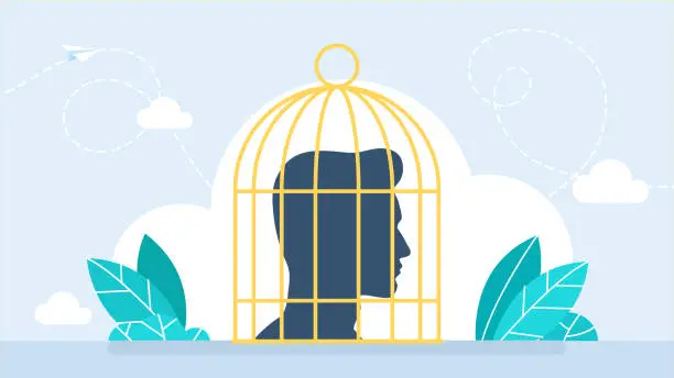 Vector illustration of A businessman head is in cage. Creativity blocker, fear of challenge, bias or ego trapped. Man silhouette in a golden cage. Man with birdcage lock his head. Limited understanding. Vector illustration