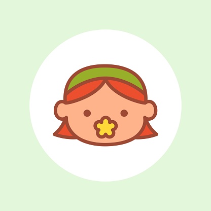 Happy kid avatar. Cute girl with flower-shaped pacifier. Cute child smiling, girl in circle. Baby face. Illustration girl avatar, happy kids, child happiness. Flat style