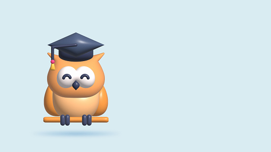3d illustration of owl in graduation hat sitting on branch of wood
