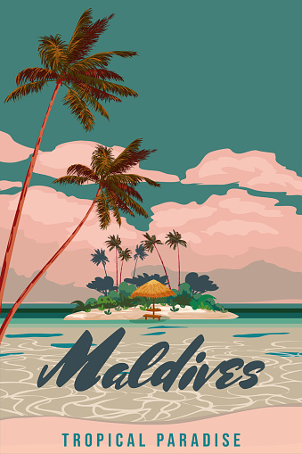 Maldives travel poster tropical resort vintage. Beach coast beach umbrella straw, palms, ocean, coast. Paradise resort, retro style illustration vector postcard