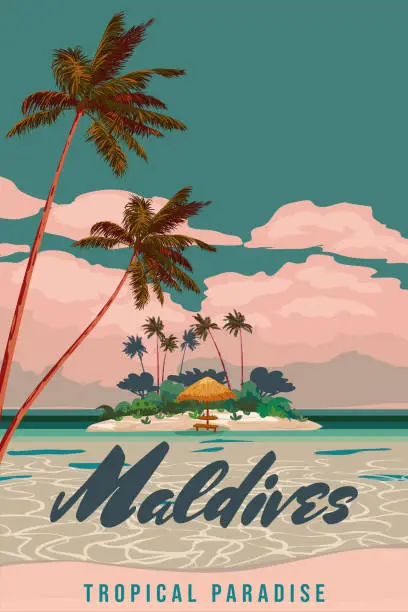 Vector illustration of Maldives travel poster tropical resort vintage