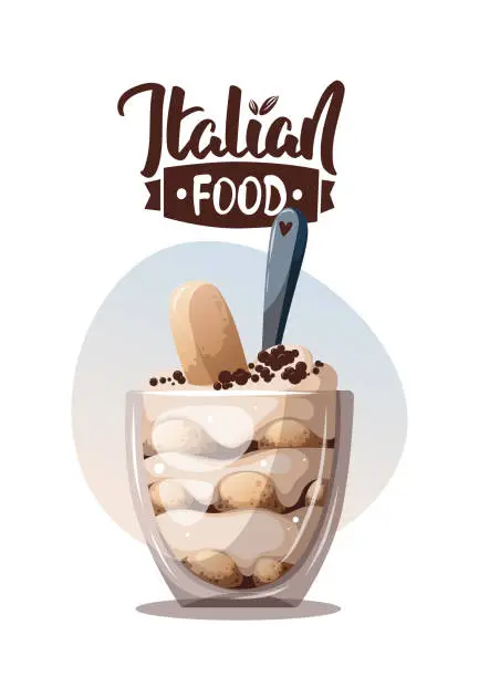 Vector illustration of Card design with Tiramisu in a glass cup.