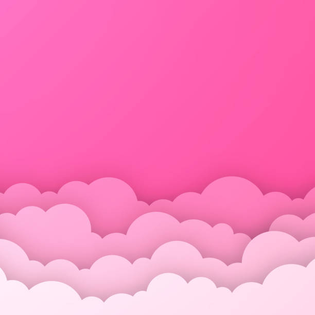 쿠드가 있는 분홍색 하늘 - 종이 컷 배경 - 트렌디한 3d 디자인 - pink background illustrations stock illustrations
