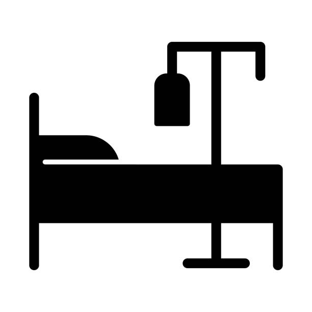 ilustrações, clipart, desenhos animados e ícones de cama e conta-gotas ícone sólido, conceito de terapia de emergência, cama de hospital com sinal de contador de gotas no fundo branco, saco plástico com liguid no estilo glifo perto da cama. desenho vetorial. - liguid