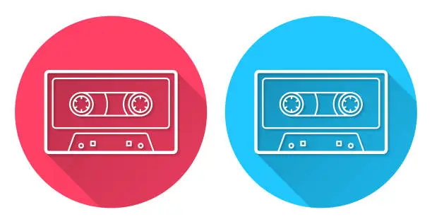 Vector illustration of Cassette tape. Round icon with long shadow on red or blue background