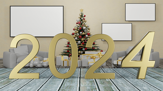 Año Nuevo 2024. El Año Nuevo 2024 con decoración navideña - Ilustración 3D photo