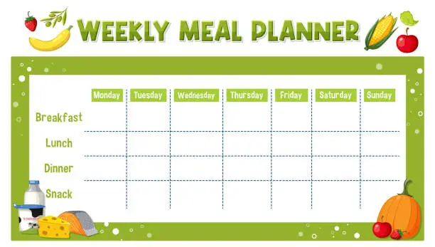 Vector illustration of Children's Weekly Meal Planner with Food Theme