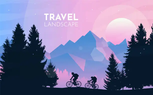 Vector illustration of A couple of cyclists in the mountains. Mountain bike. Travel concept of discovering, exploring. Cycling. Adventure tourism. Flat design for coupon, voucher, gift card. Minimalist vector illustration