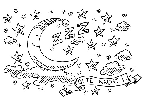 Hand-drawn vector drawing of a Sleeping Cartoon Moon Night Sky. Black-and-White sketch on a transparent background (.eps-file). Included files are EPS (v10) and Hi-Res JPG.