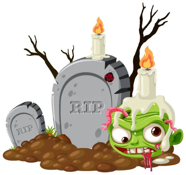 Vector illustration of Zombie Head with Candle on Tombstone