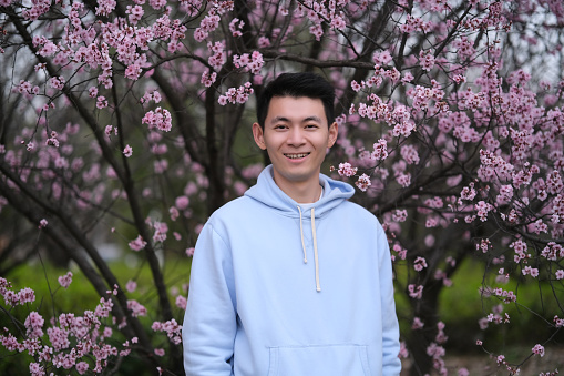 front of happy smile asian young man with pink cherry blossom tree