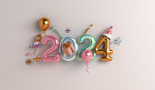 Happy new year 2023 decoration background with balloon, firework rocket, gift box, 3D rendering illustration