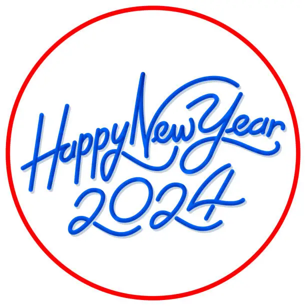 Vector illustration of Vector illustration of Happy New Year 2024 with handwriting in a circle.