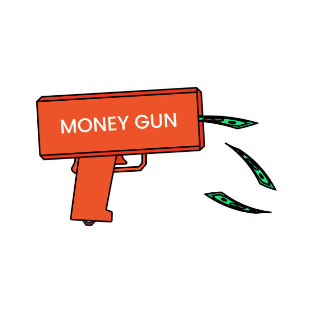 игрушечный пистолет стреляет долларовыми купюрами - guns and money stock illustrations